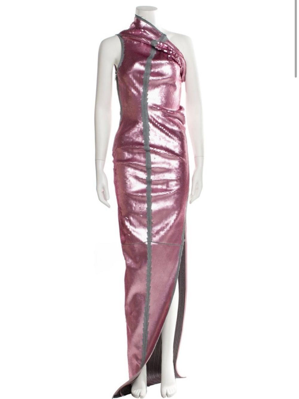 Rick Owens Metallic Pink One-Shoulder Maxi Dress with Gray Trim
